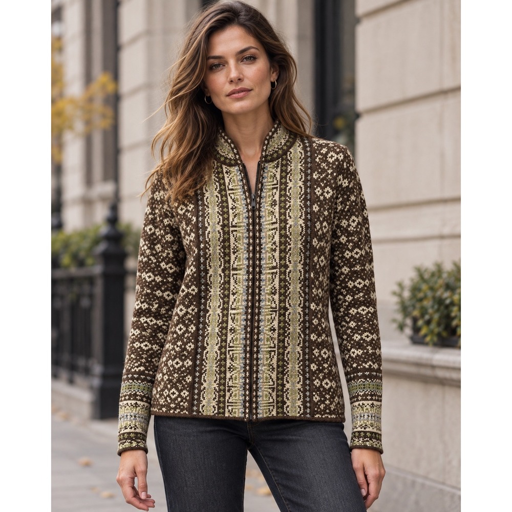 Nomadic Traders Fair Isle Zip Front Cardigan Brown Ramie Cotton Size L